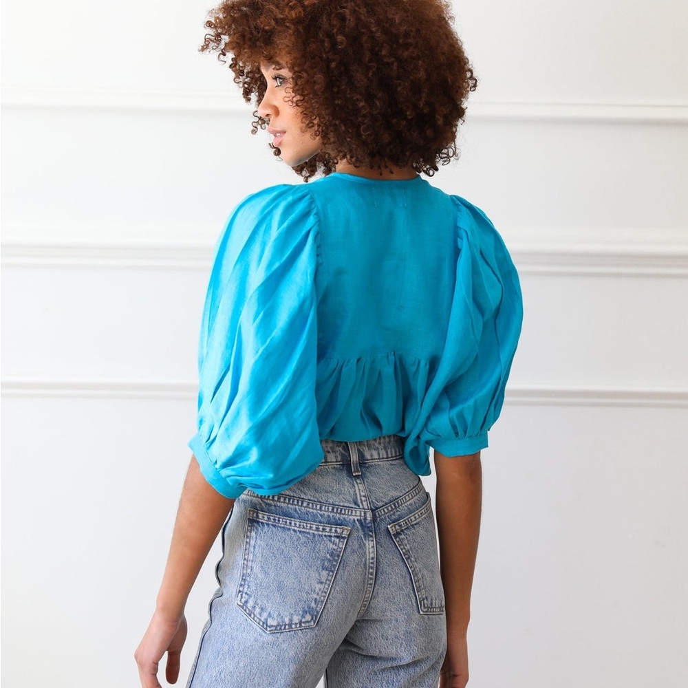 MILLE Thalia top in Aqua Linen - Size M